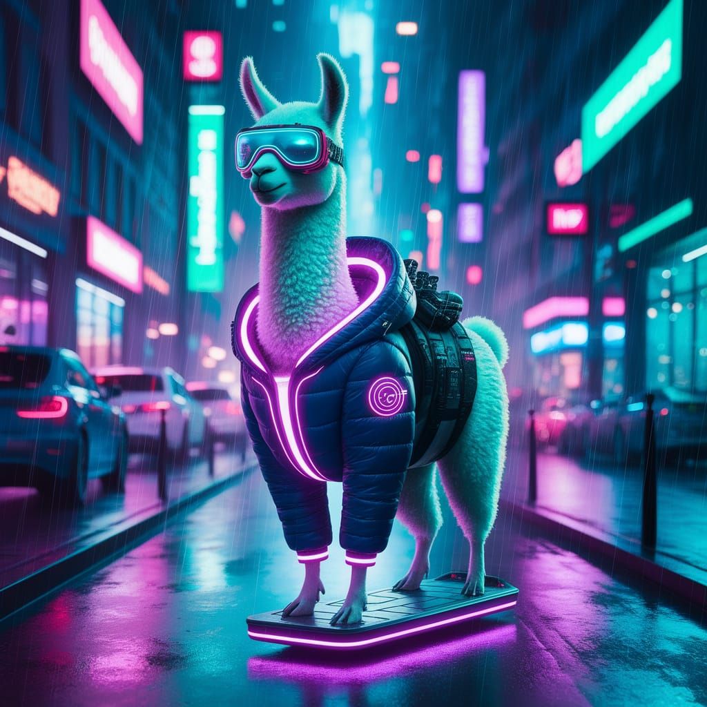 Cyberpunk Llama on Hoverboard in Neon City