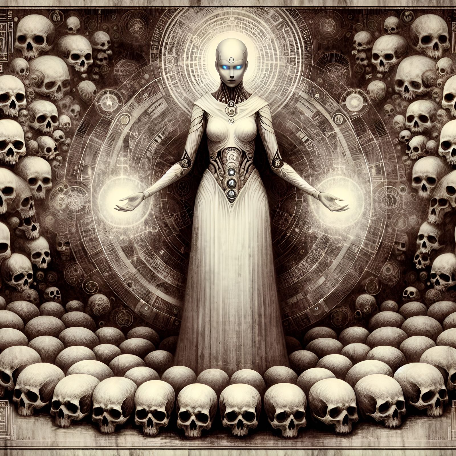 Benevolent Necromancer Surrounded by Skulls in Fantasy Art