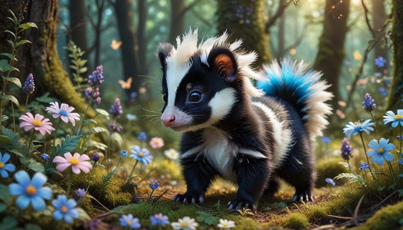 Adorable Fuzzy Skunk-Duck Hybrid in Magical Forest