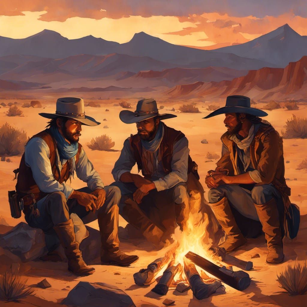 Cowboys Around Campfire: Digital Desert Illustration