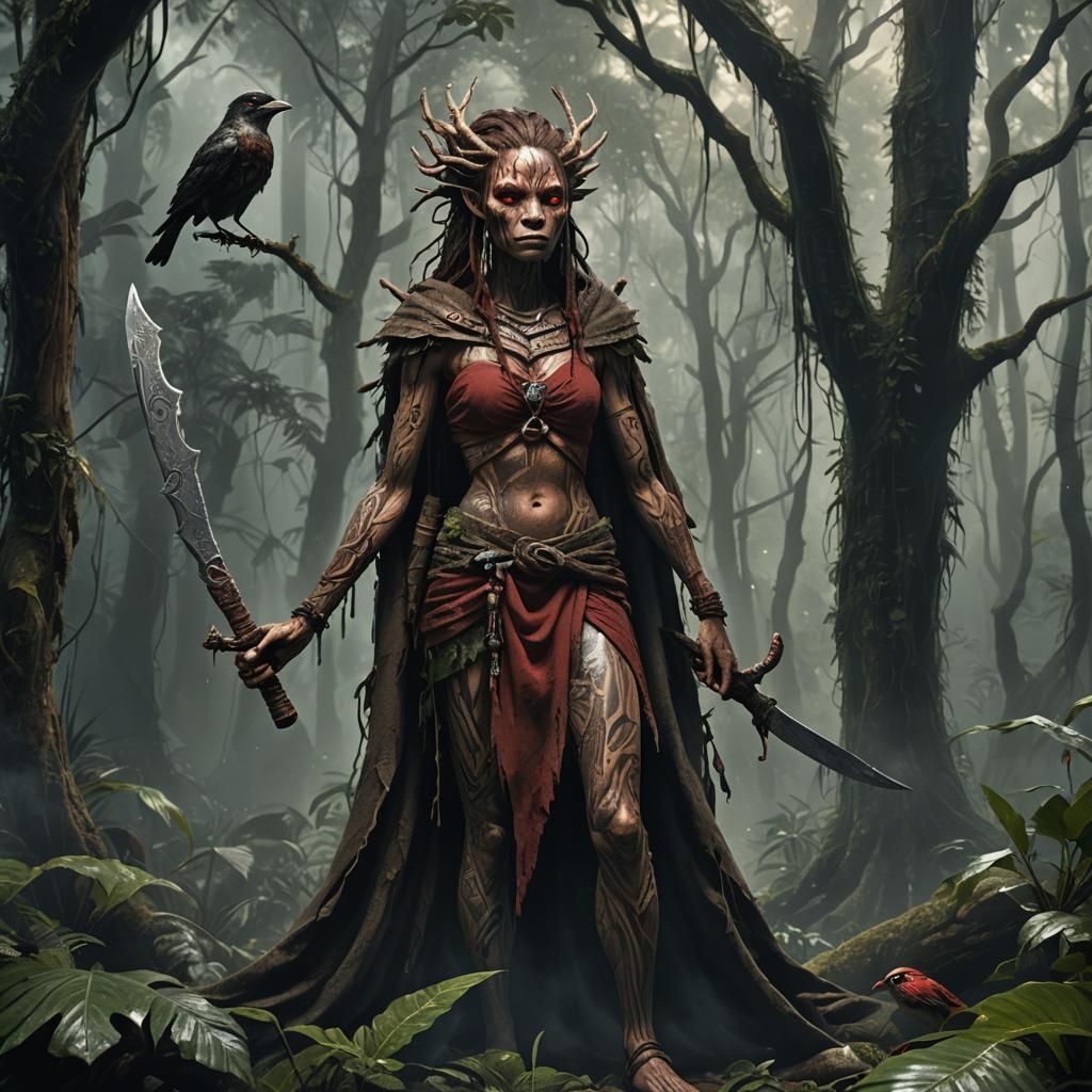 Wooden-Skinned Spirit with Machete in Dark Forest