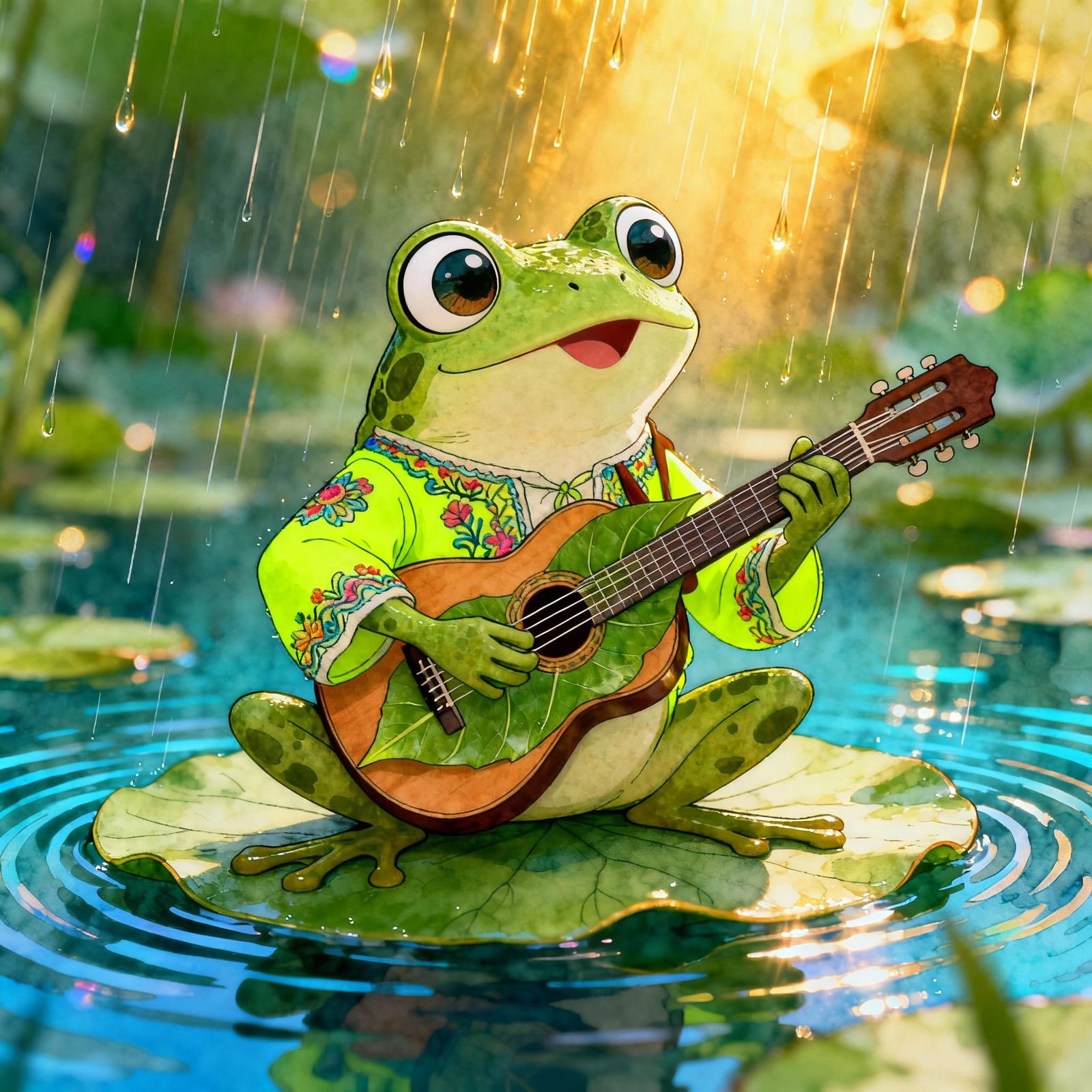 Whimsical Frogs Sing on Lily Pads in Vibrant Cartoon Style