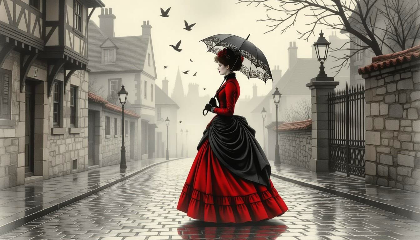 Victorian Lady in Misty Street, Artistic Drawing Style