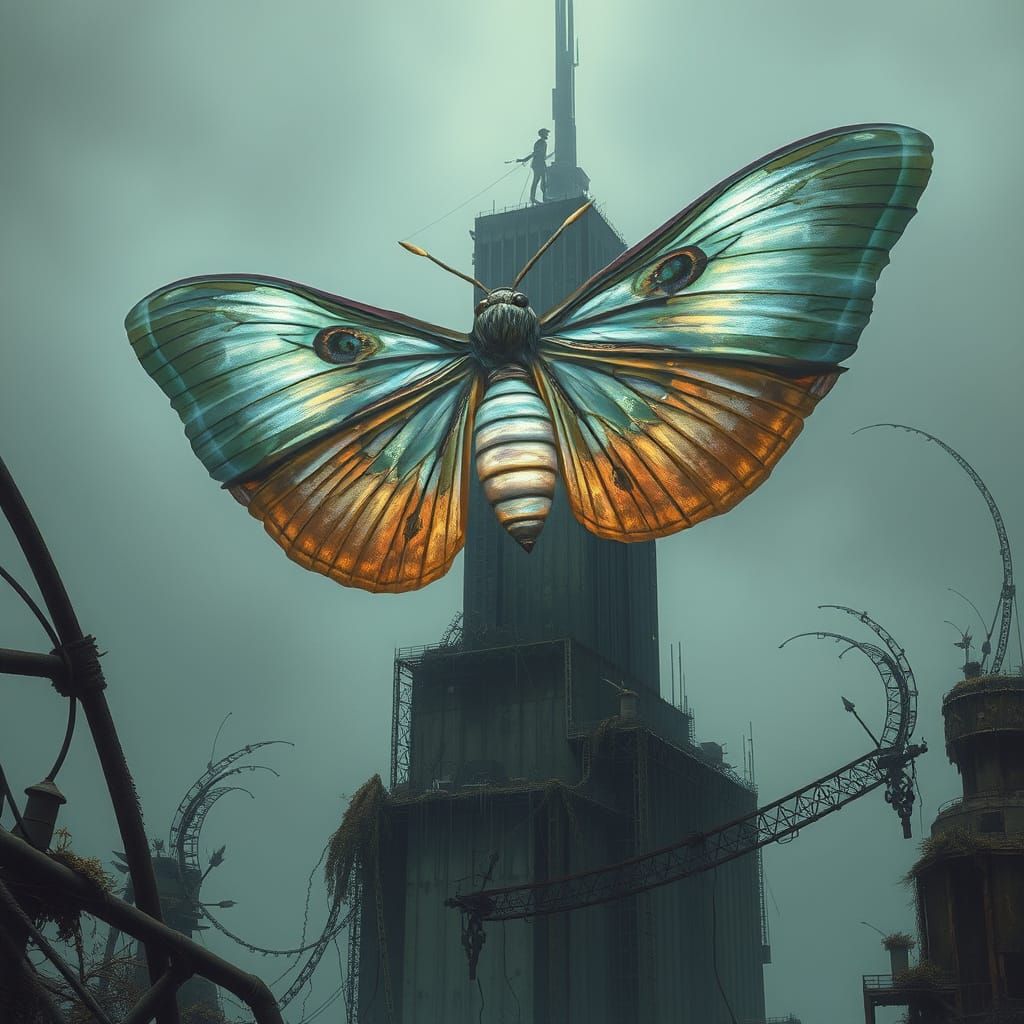 Bioluminescent Moth Perched on Post-Apocalyptic Skyscraper