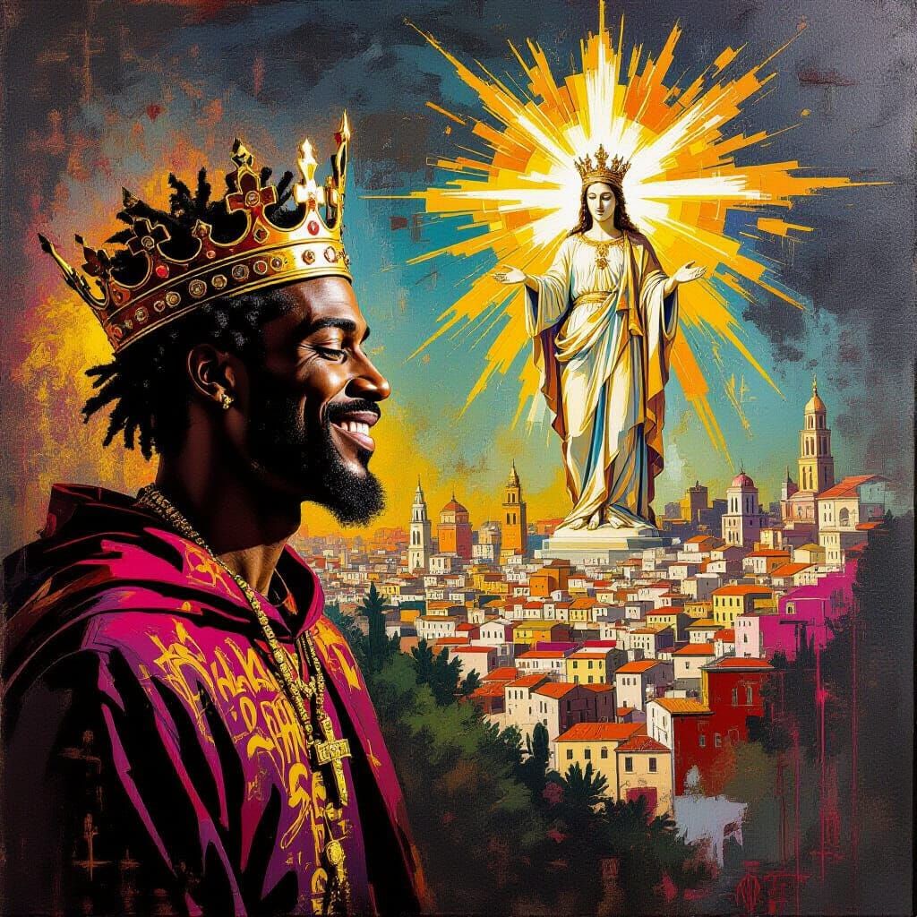 Divine Crowned Man With Knowing Smile & Celestial Cityscape