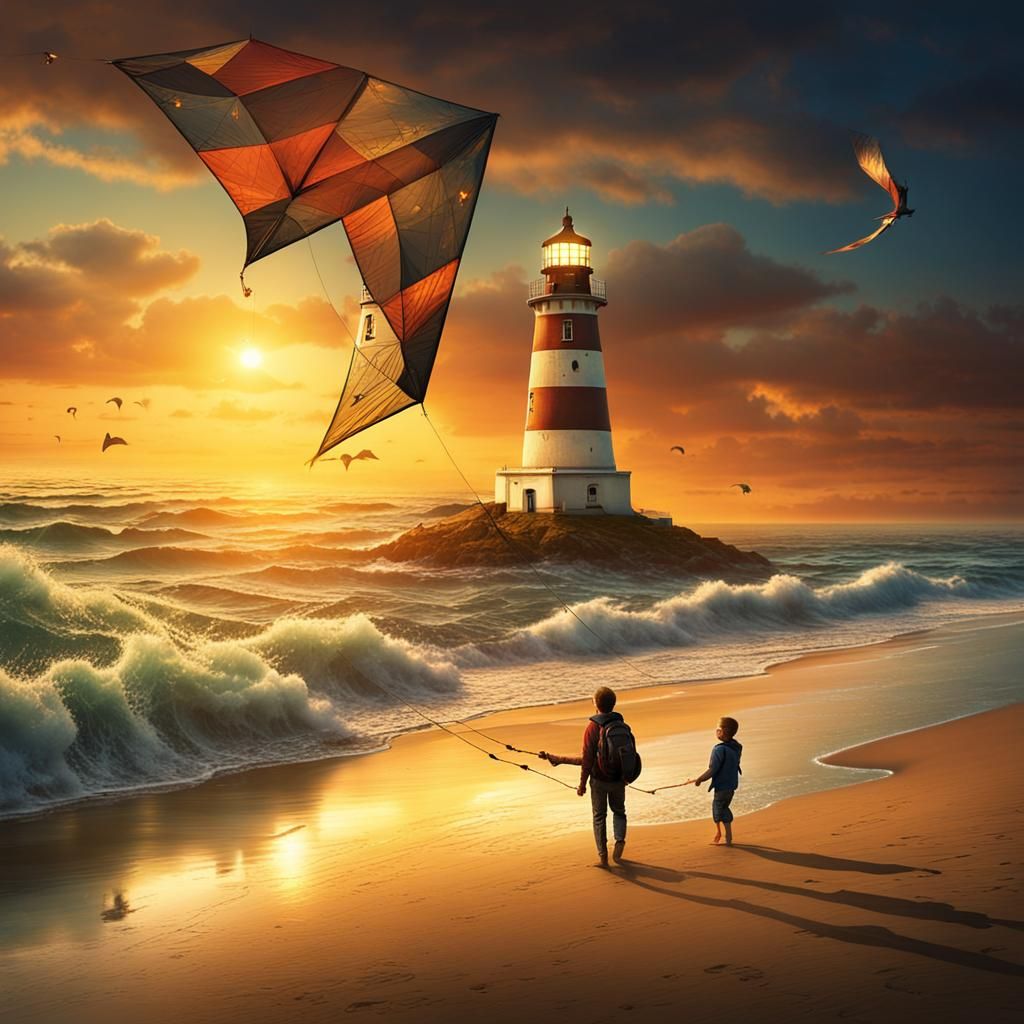 Triangle shaped kite sailing over the ocean at sunset by a l...