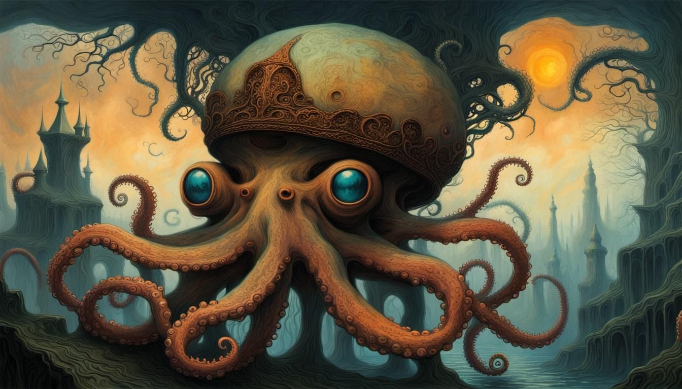 Octopus in Dendritic Hat, Dreamcore Landscape