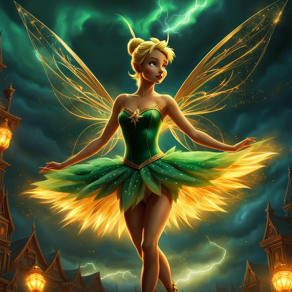 Tinkerbell Dances in Stormy Sky, Dark Fantasy Art