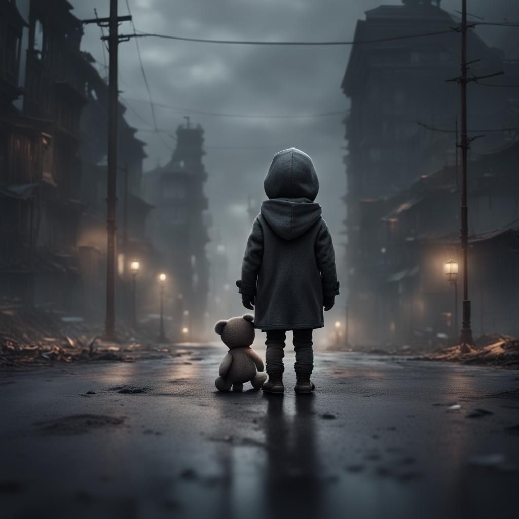 Eerie Child at Crossroads: Dark Fantasy Art