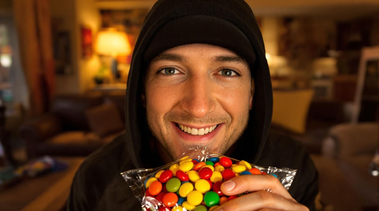 Eminem Smiles with M&Ms in Hand