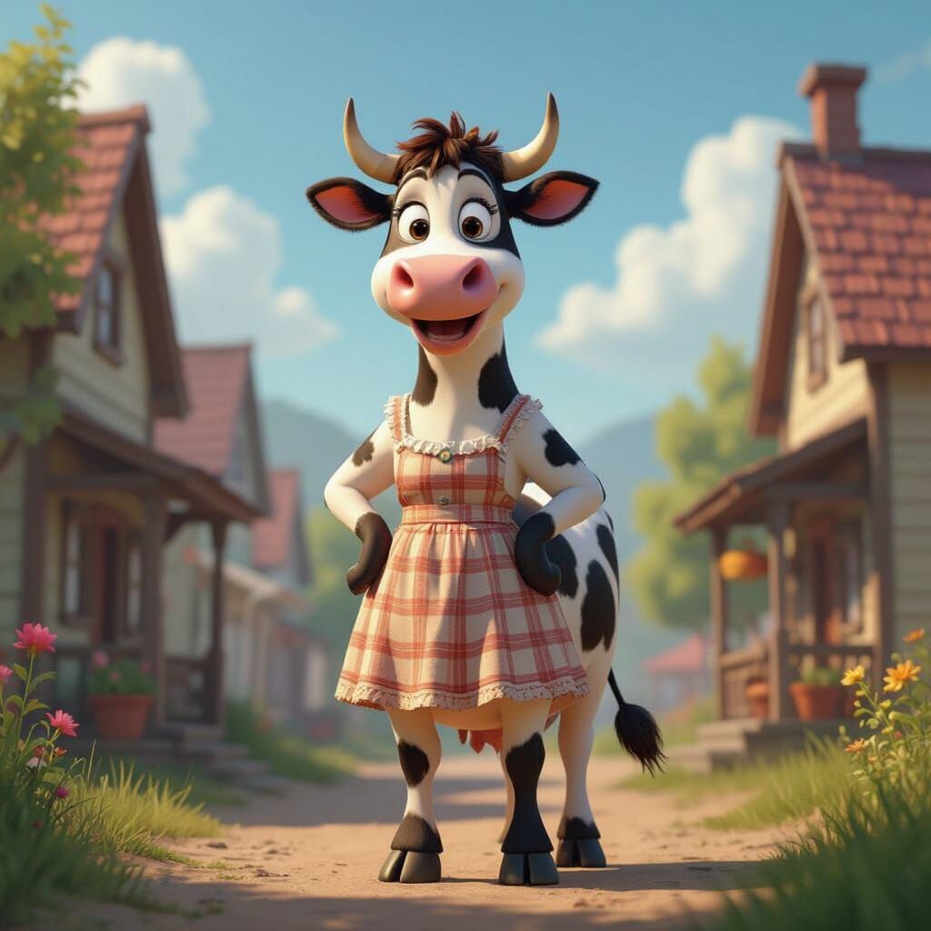 Anthropomorphic Cow in Farmer's Dress in Small Town