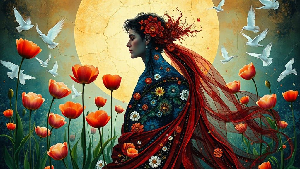 Surreal Garden Party with Towering Flowers in Klimt Style