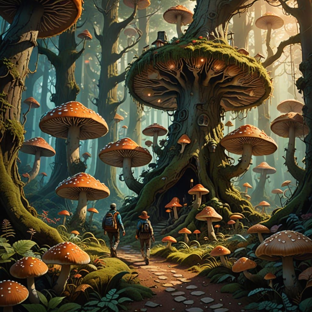 Enchanted Forest of Giant Mushrooms in Vibrant Colors