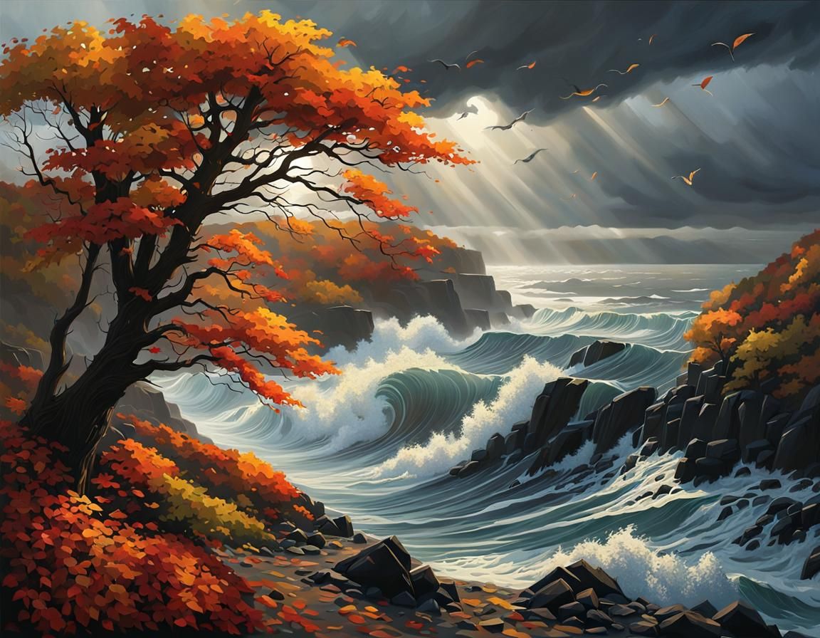 Autumn Storm Coast in Moody, Detailed Art