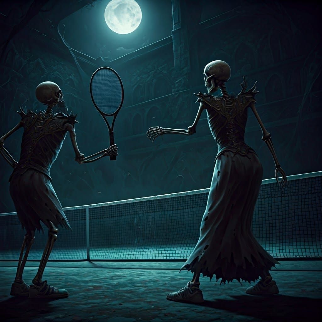 Skeletons Play Tennis in Dark Fantasy Art