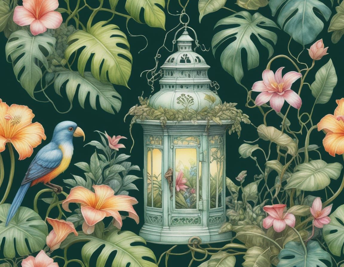 Lush Jungle Inside Antique Lantern: Watercolor Art
