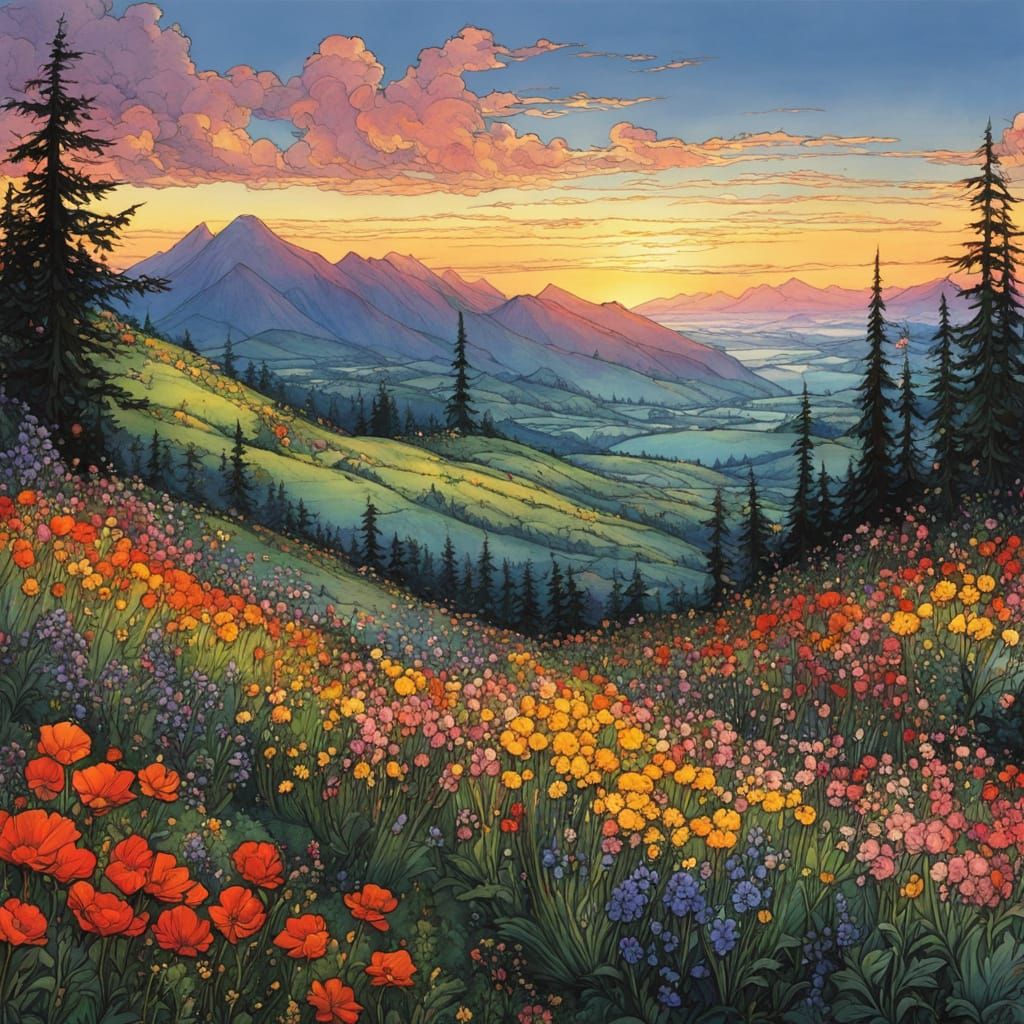 Mountains and Wildflowers at Dawn in Anime Style