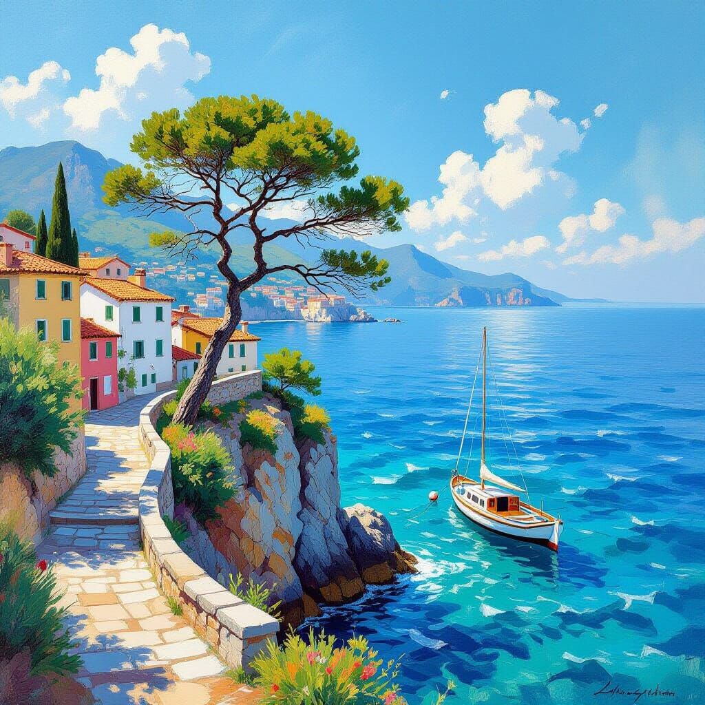 Italian Coastal Cliff with Pine Tree in Impressionist Style