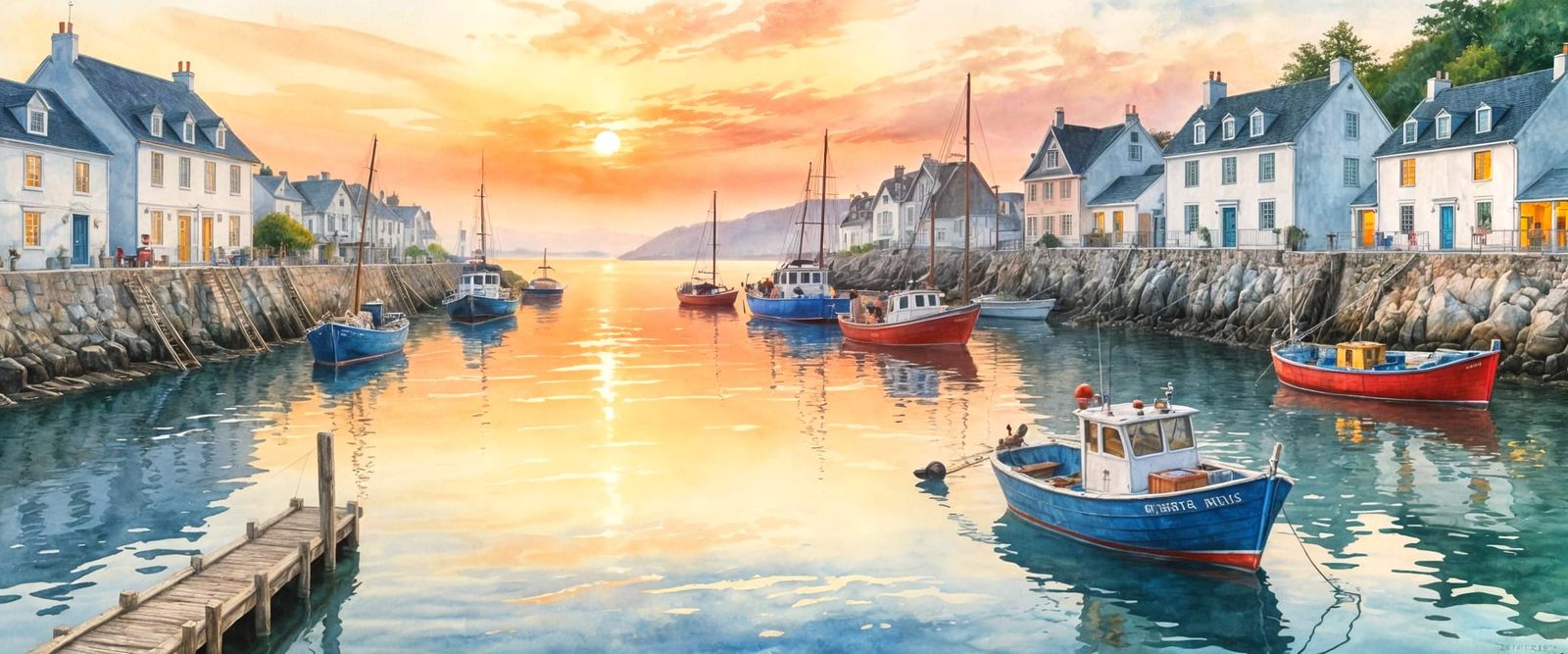 Serene Coastal Harbor Sunset Watercolor Painting
