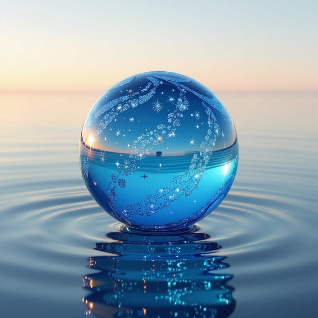 Blue Orb with Glitter Reflecting on Water