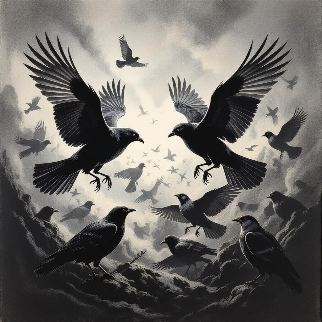 Avian Battle in Chaotic Sky as Charcoal Drawing