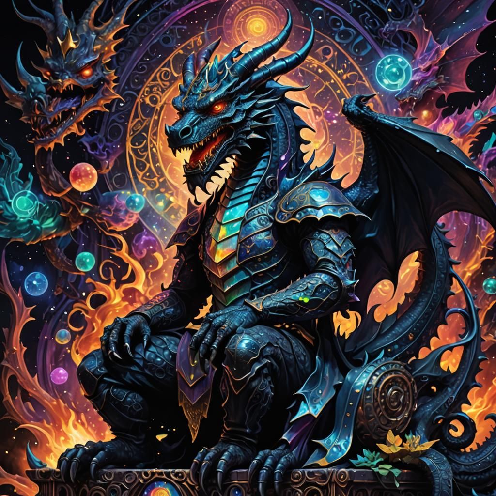 Cosmic Demon Dragon on Throne in Magical Realism Style