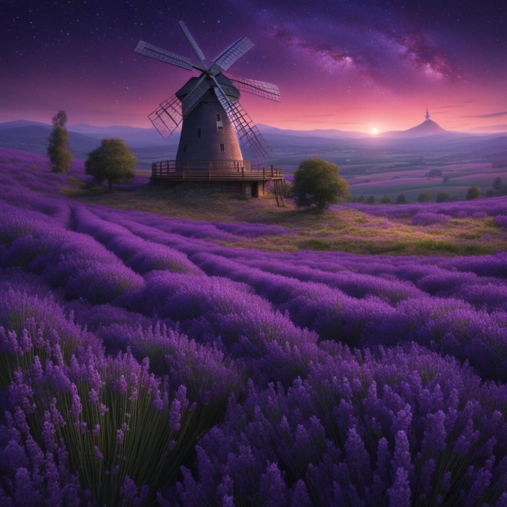 Night Windmill in Lavender Field: Digital Matte Painting