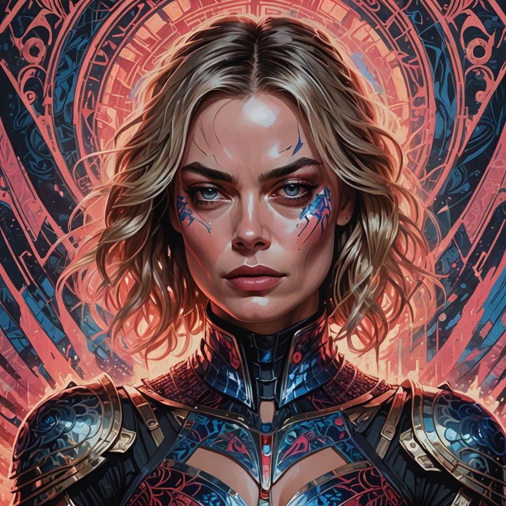 Fierce Woman in Shimmering Armor Concept Art Portrait