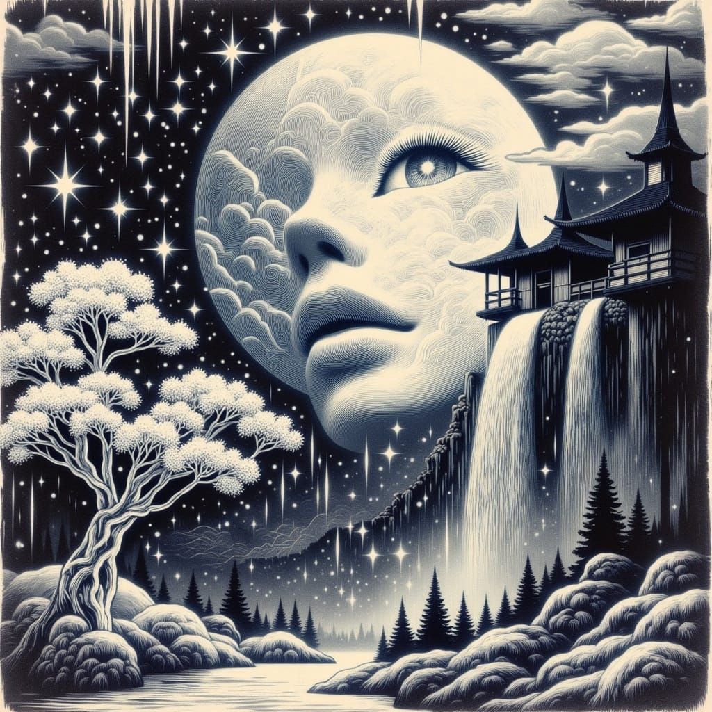 Japanese Yokai Geisha Amidst a Waterfall Apocalypse