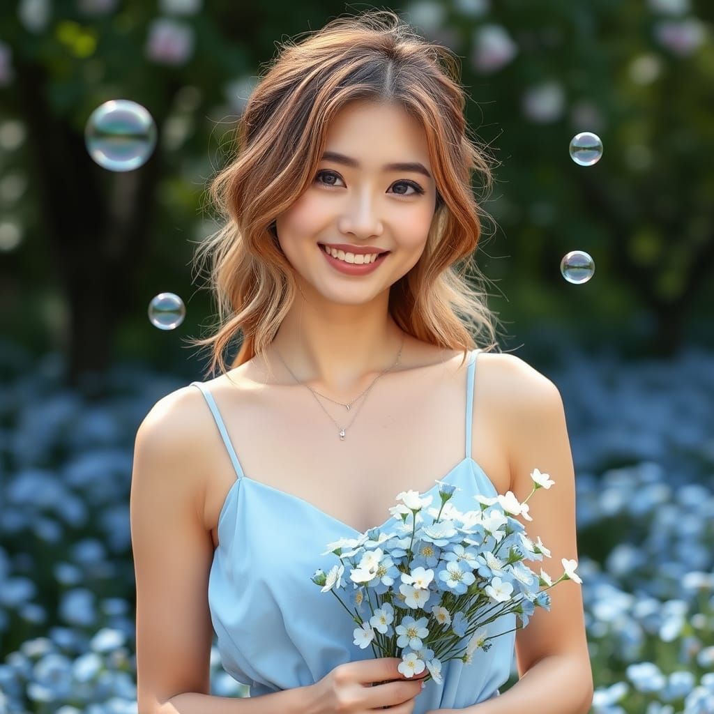 Smiling Japanese Woman in Forget-Me-Not Garden