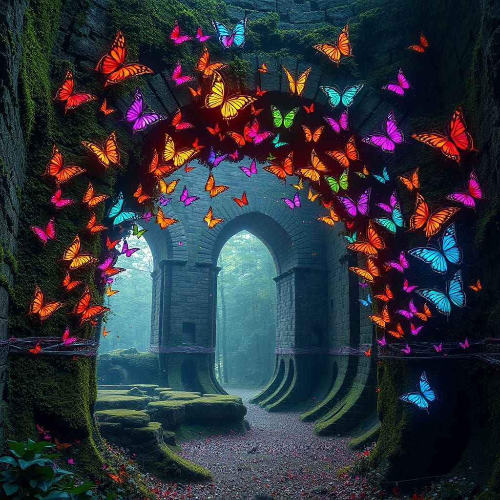 Iridescent Butterflies on Mossy Arch in Overgrown Ruins
