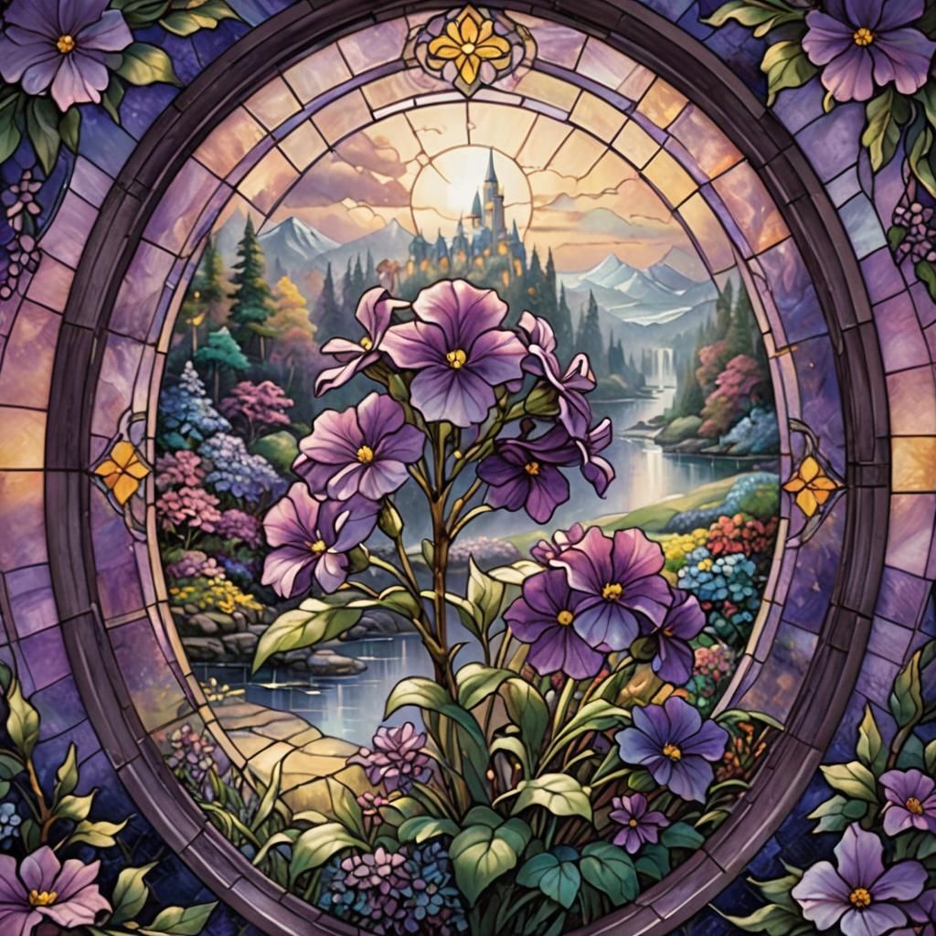 Ethereal Stained Glass Aubrieta Flower in Fantasy Style