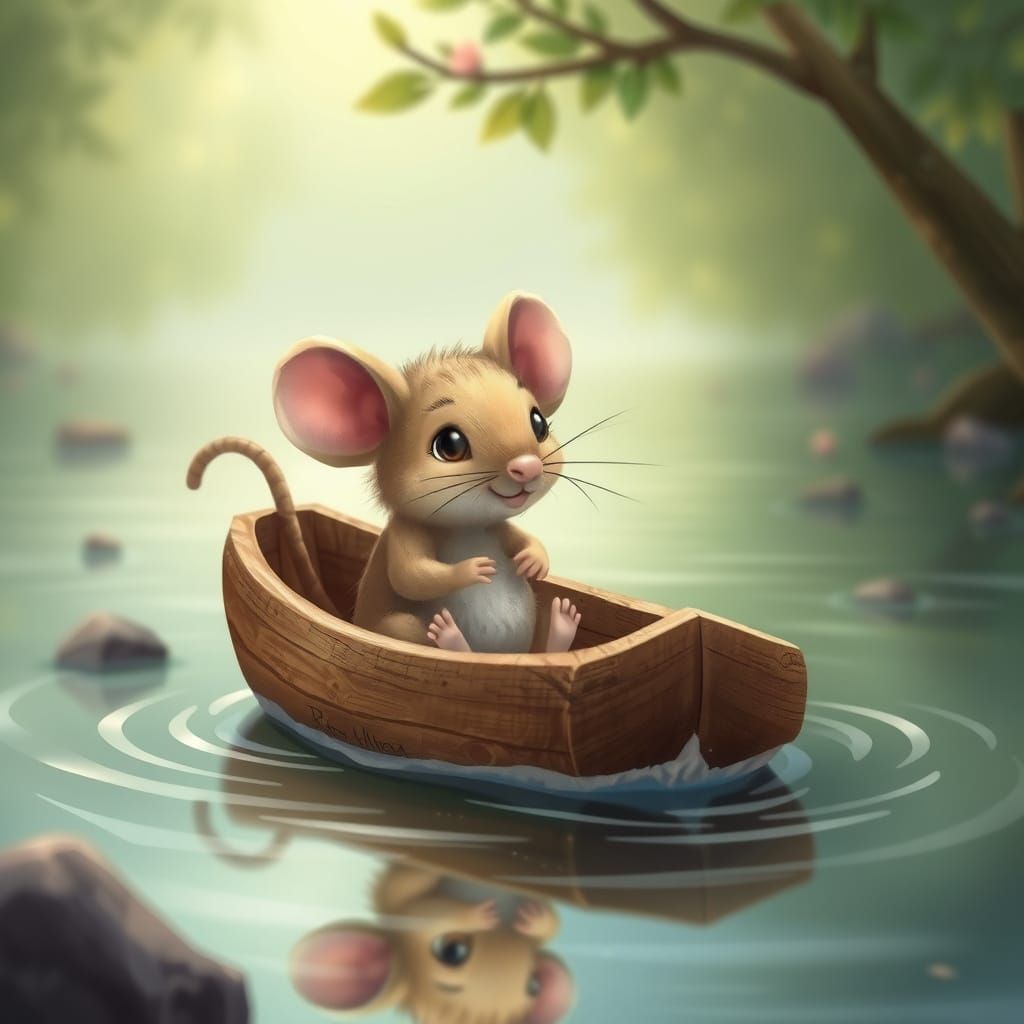 Mouse in Wooden Boat on River