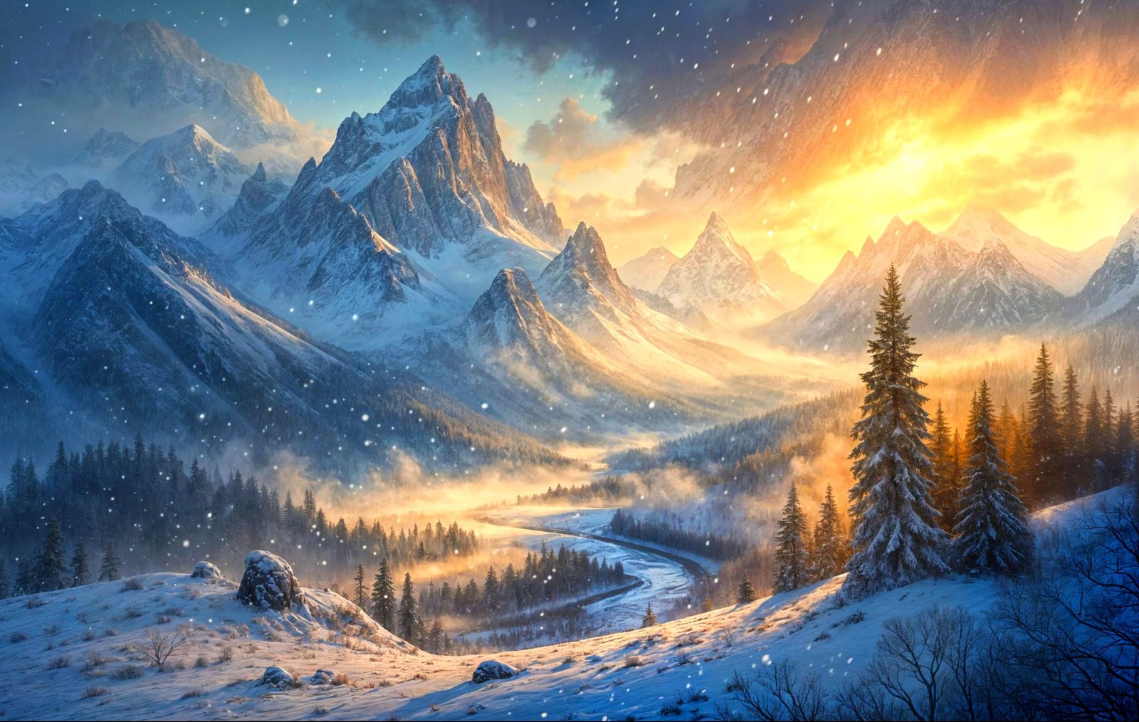 Dreamy Foggy Mountain Landscape Watercolour Oil Painting