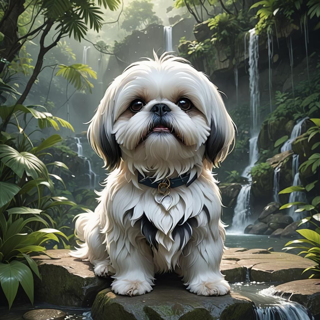 Jungle Waterfall Shih Tzu in 3D Anime Style