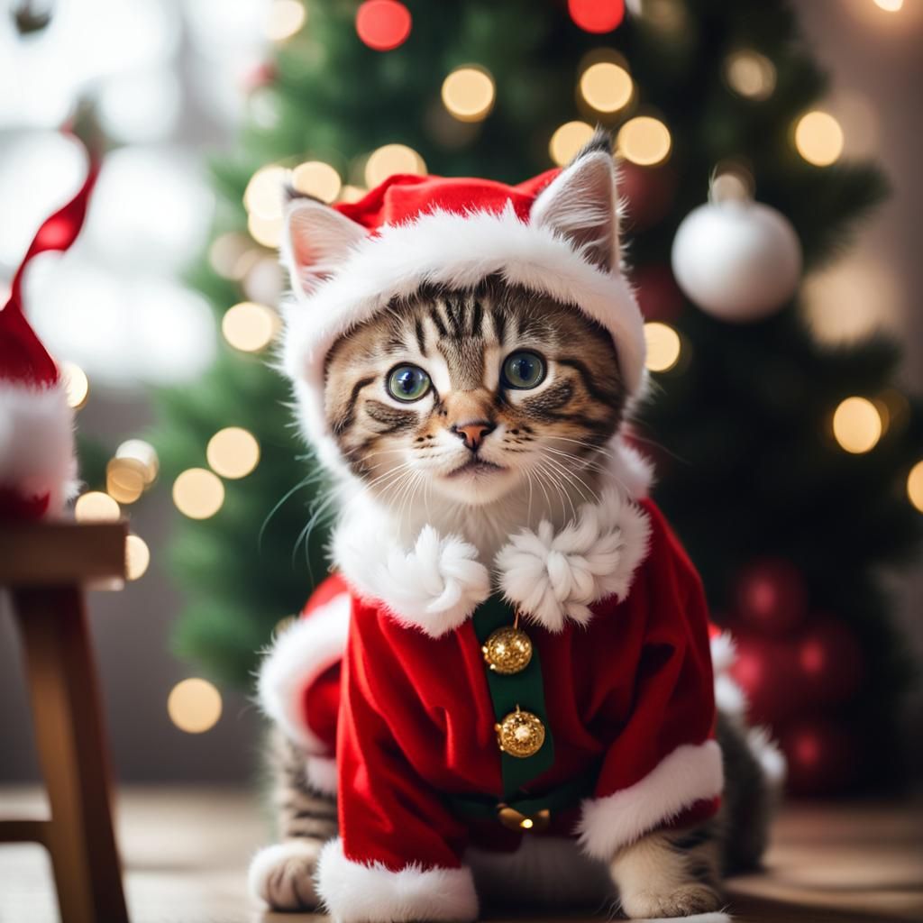 Kitten Ready for Christmas in Santa Outfit