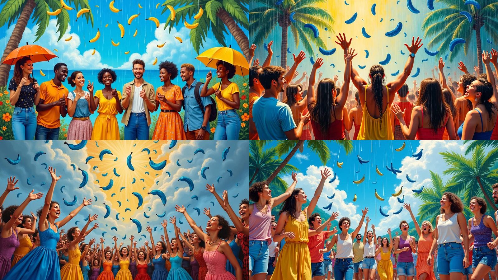 Blue Banana Rain: A Joyful Acrylic Painting