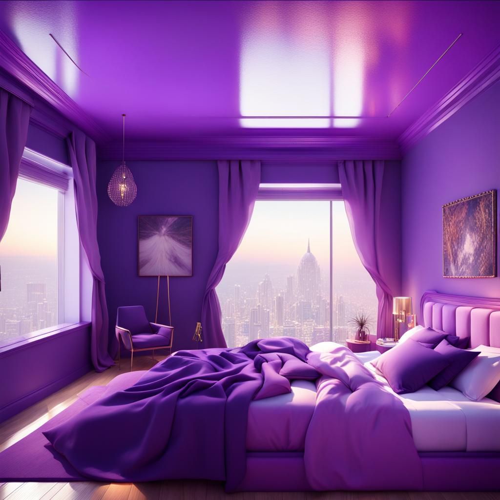 Luxurious bedroom purple walls and magenta ceiling with beautiful view and purple bed huge windows was purple curtains& ...