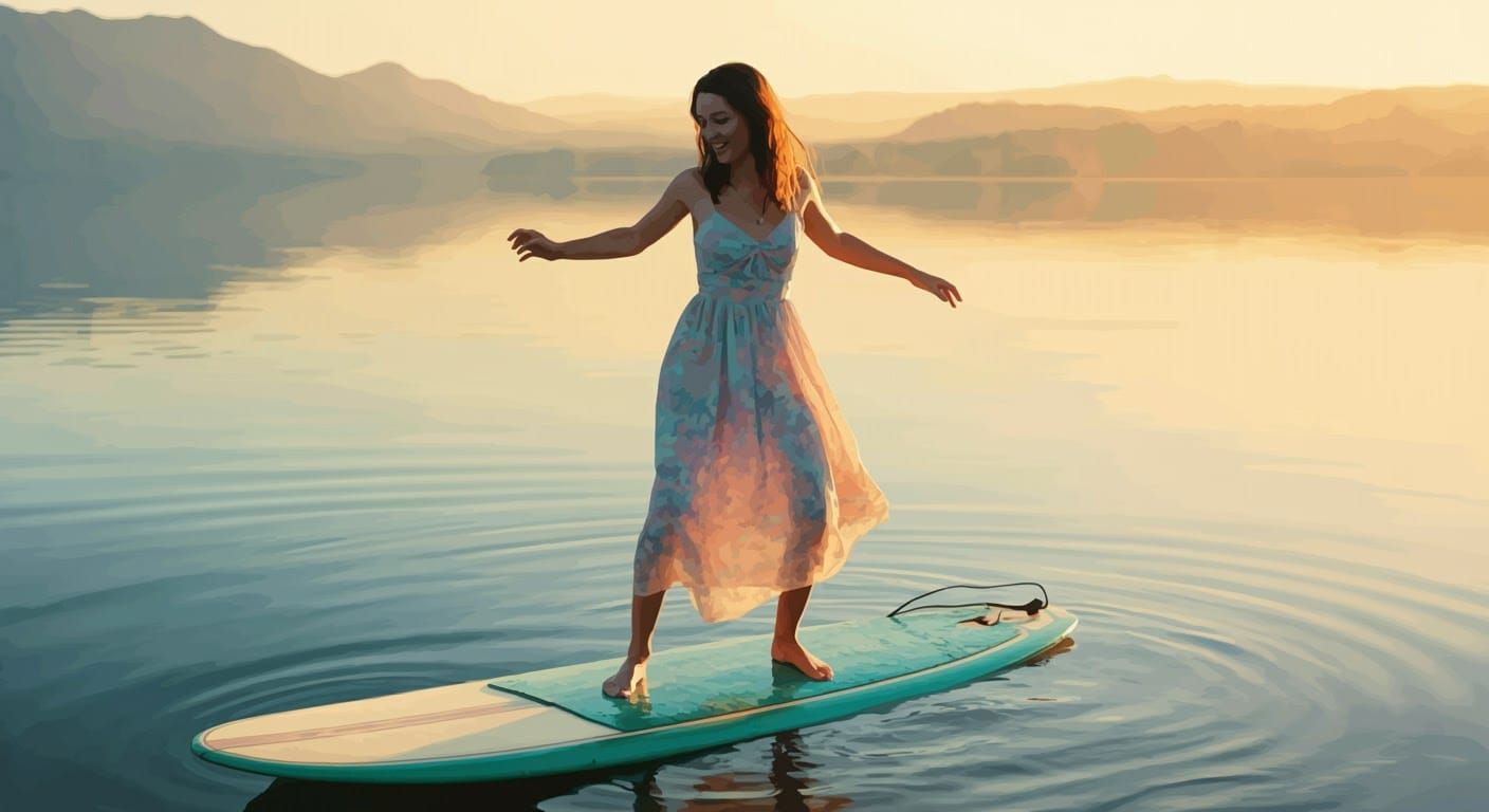 Woman Surfing at Sunset in Surrealist Style
