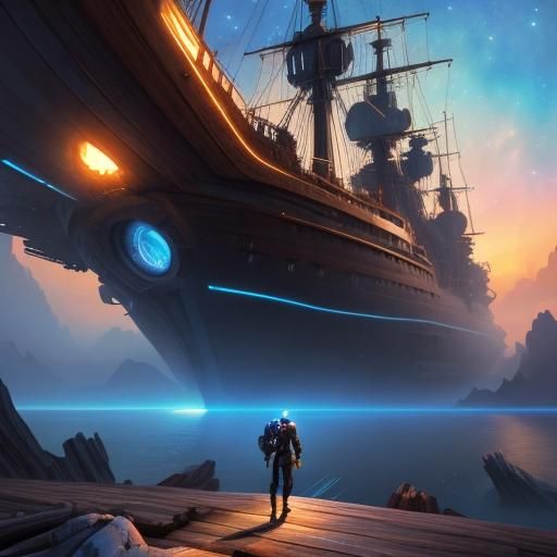 Alien Pirate on Ship Deck in Watercolor Style