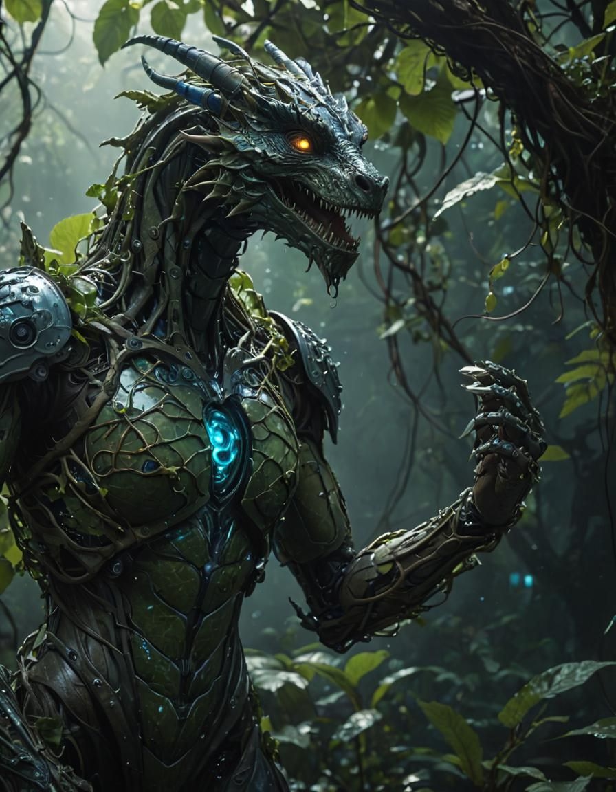 Cyberpunk Dragon with Bioluminescent Prosthetics