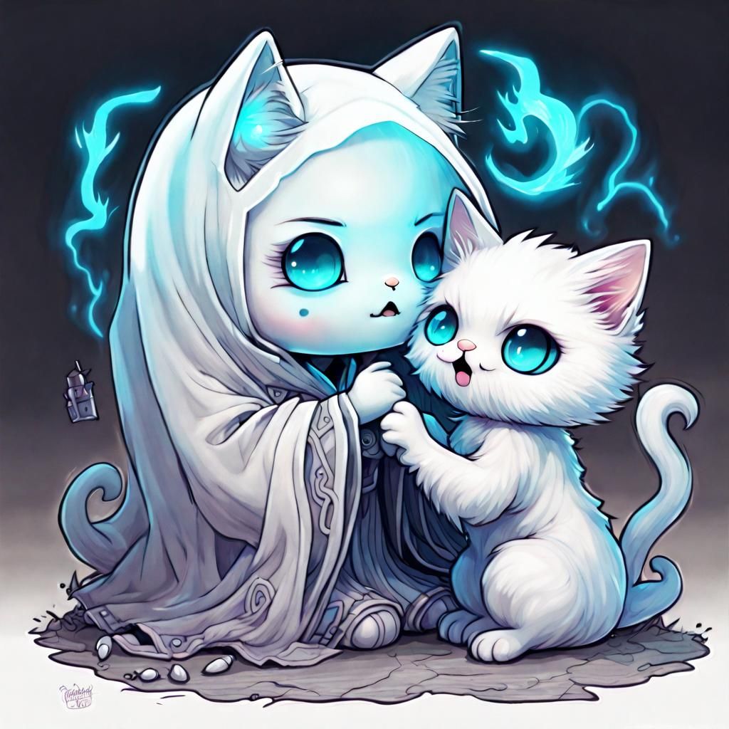 Chibi Ghost Petting Kitten in Anime Style