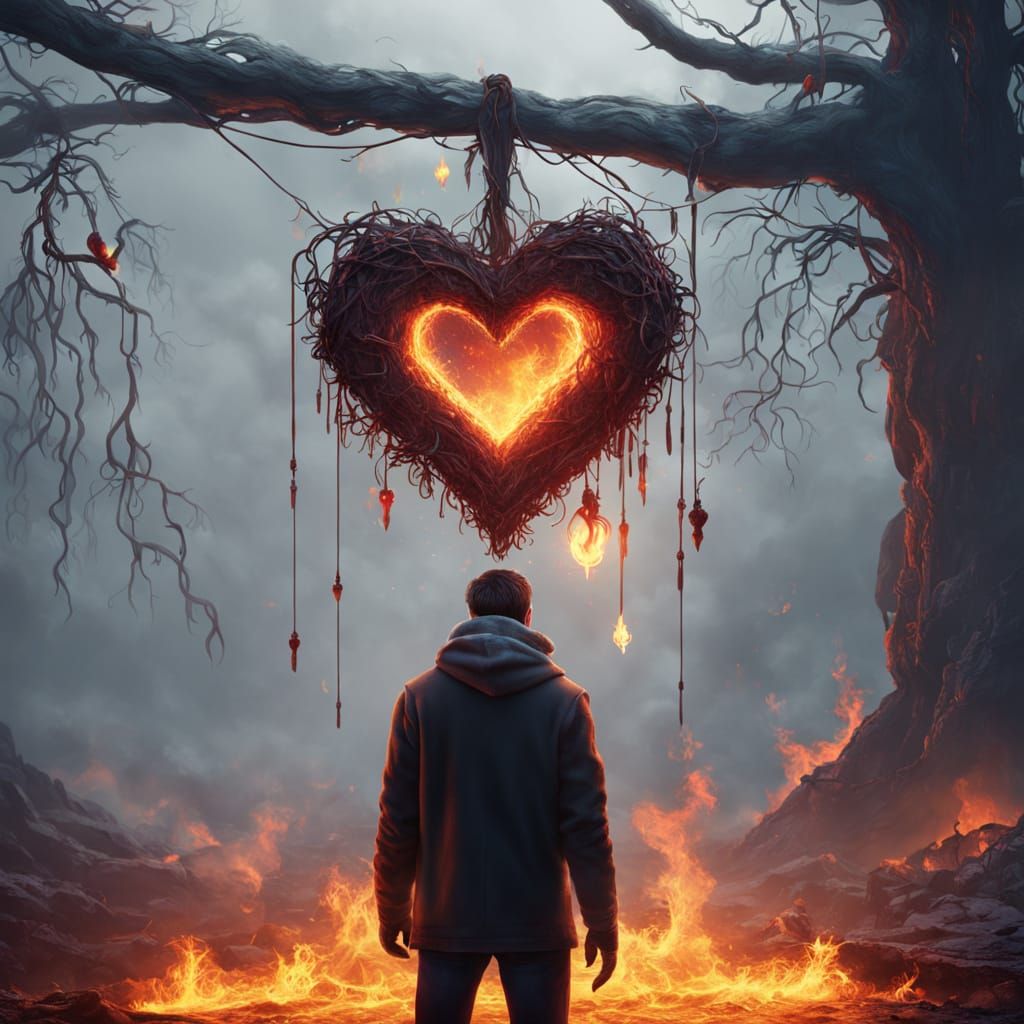 Man on Brink of Despair in a Fiery Inferno