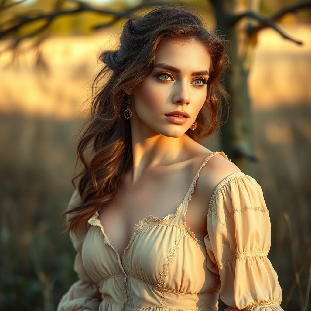 Ethereal Woman in Beige Dress, Inspired by Art Nouveau and F...