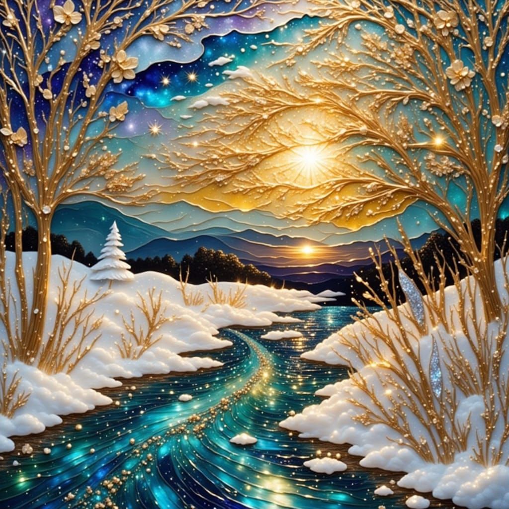 Glittering Stained Glass Arctic Tundra Landscape