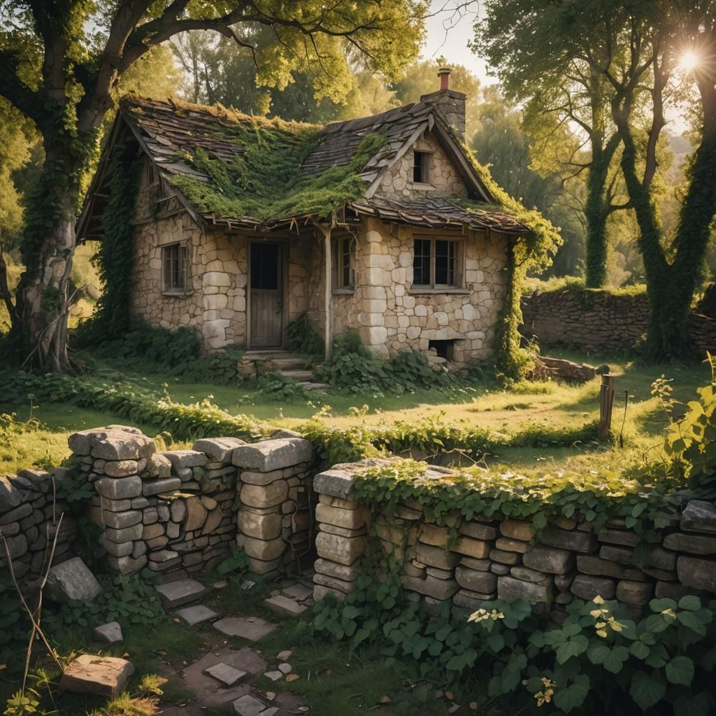 Rustic Abandoned Cottage in Rural Landscape