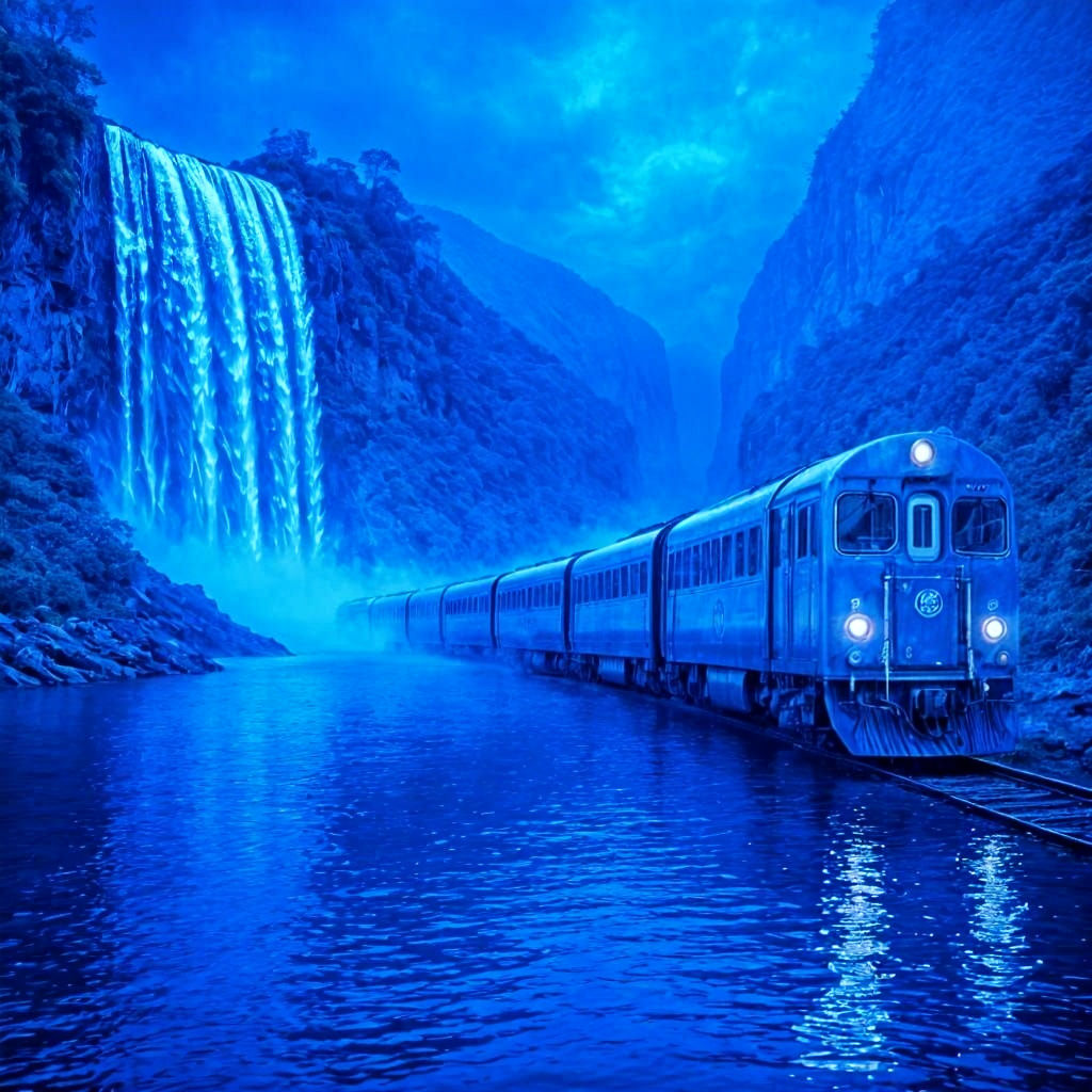 Surreal Blue Waterfall and Sapphire Train in Foggy Landscape