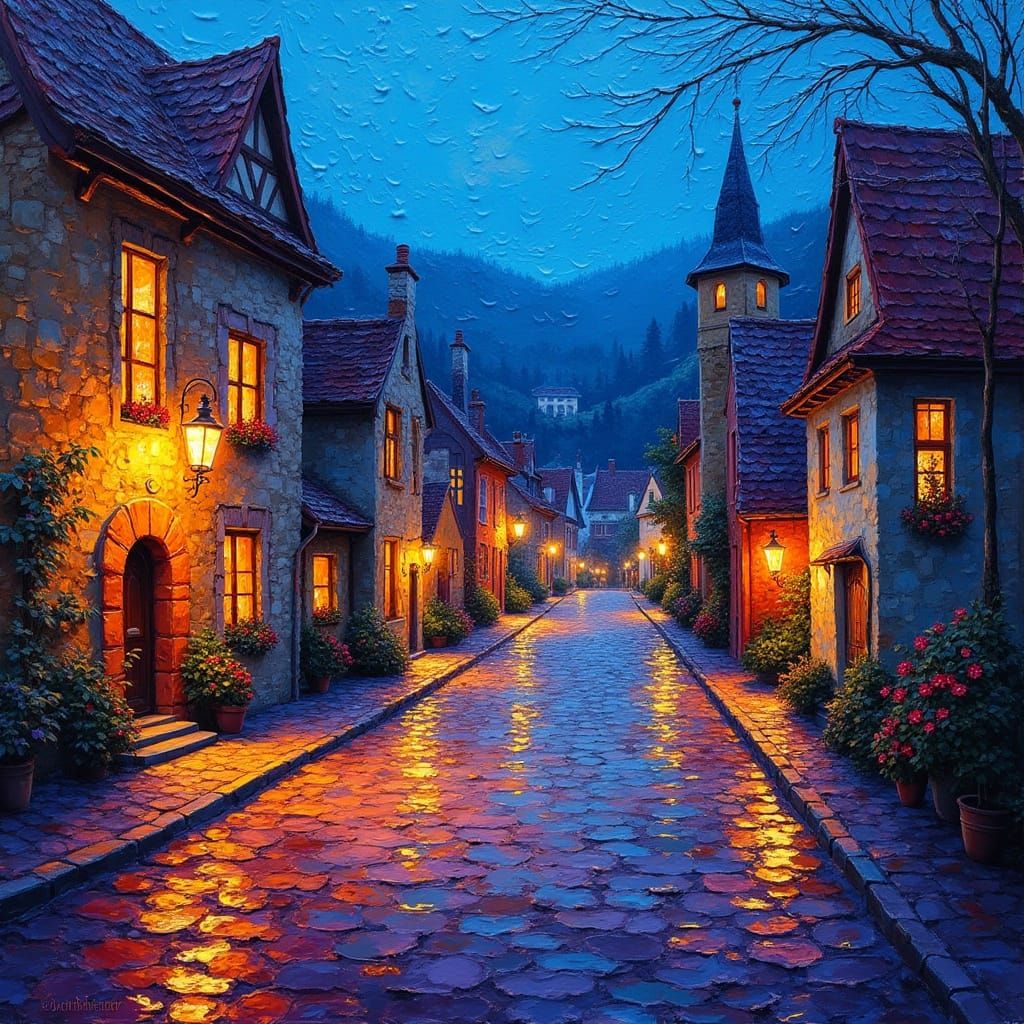 Vibrant Village Night Scene in Afremov Impasto Style