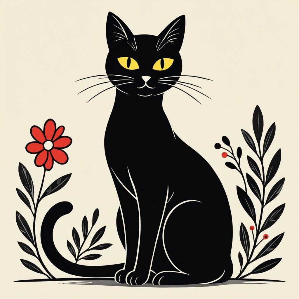 Minimalist Black Cat Line Art