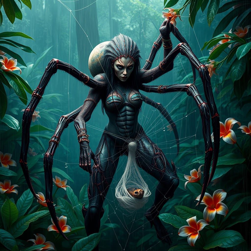 Surreal Spider-Woman Emerges from Rainforest Shadows